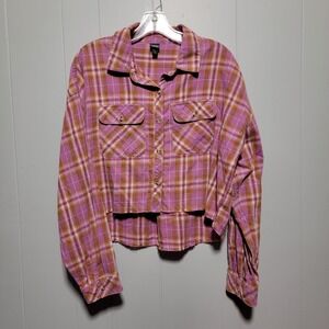 Wild Fable‎ Purple Plaid Hi Lo Cropped Flannel Shirt Long Sleeve Button Front M